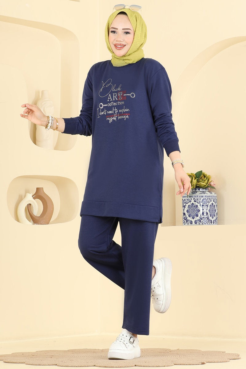 Two-Piece Set with Rhinestone Lettering - Navy