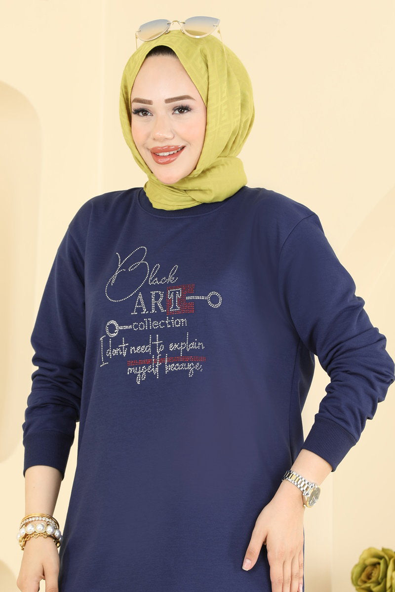 Two-Piece Set with Rhinestone Lettering - Navy