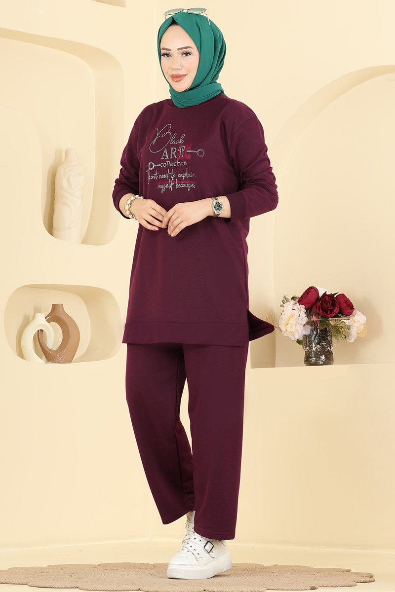 Two-Piece Set with Rhinestone Lettering - Plum