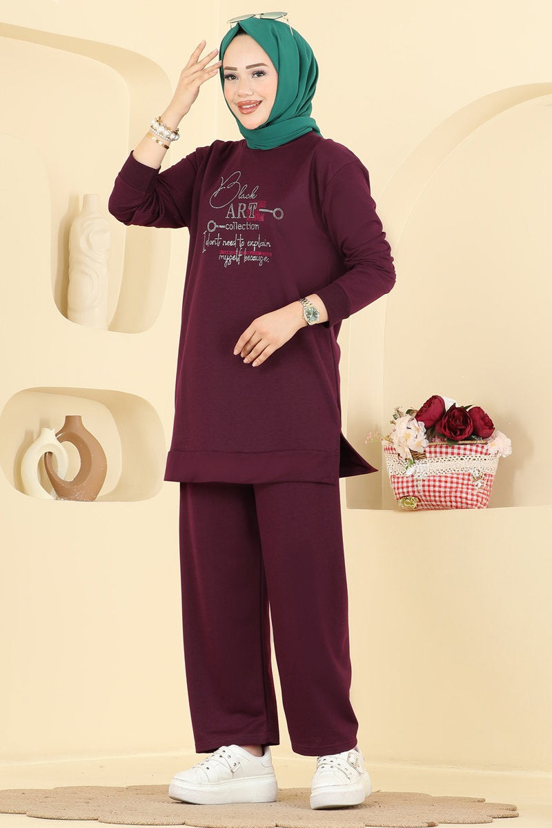 Two-Piece Set with Rhinestone Lettering - Plum