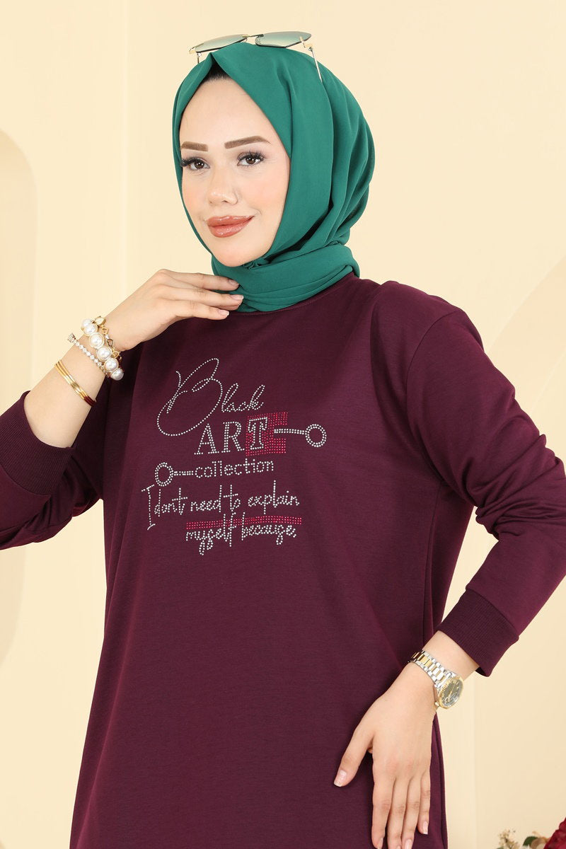 Two-Piece Set with Rhinestone Lettering - Plum
