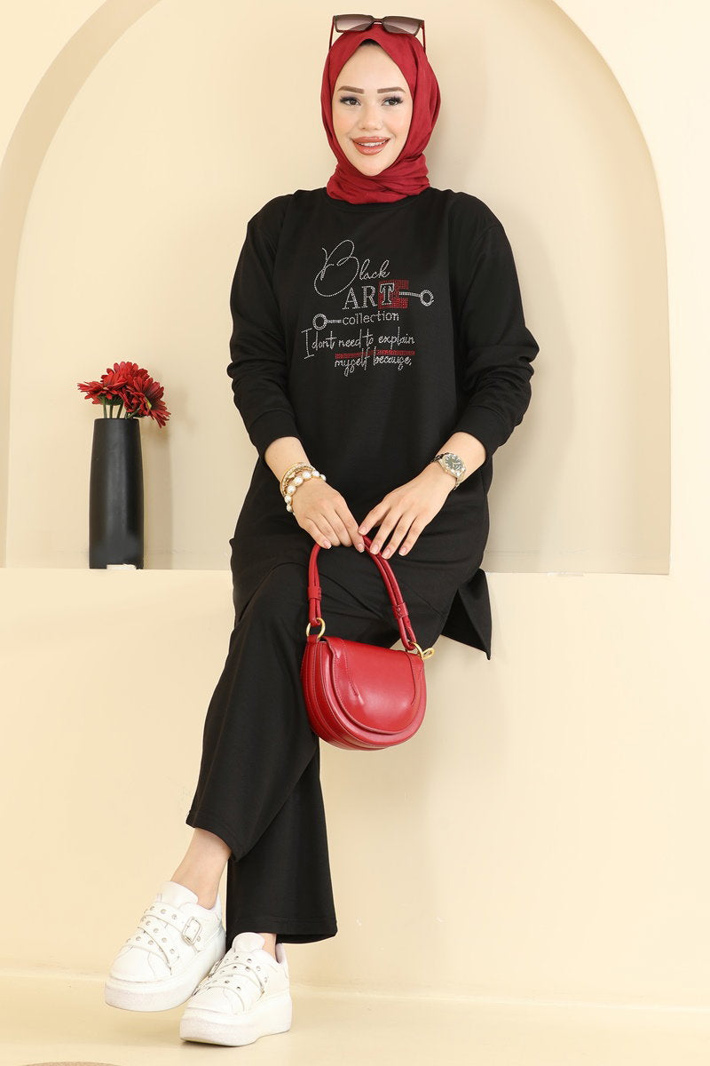 Two-Piece Set with Rhinestone Lettering - Black