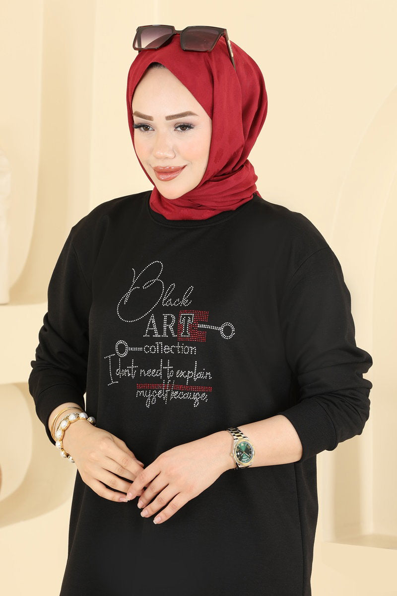 Two-Piece Set with Rhinestone Lettering - Black