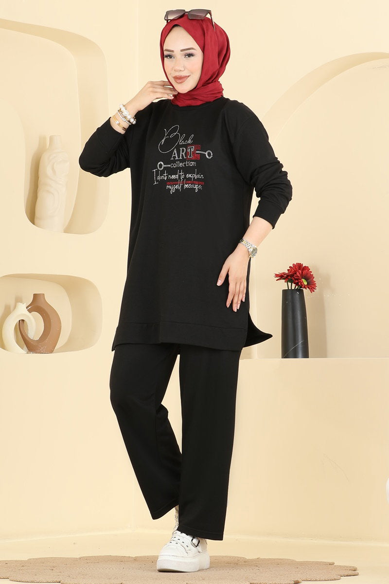 Two-Piece Set with Rhinestone Lettering - Black