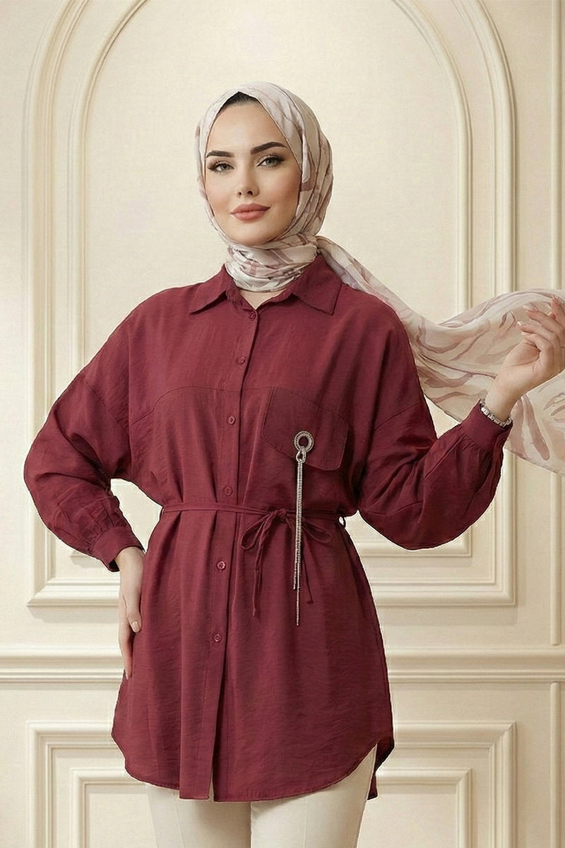 Woven Shirt with Stone Chain Detail - Burgundy