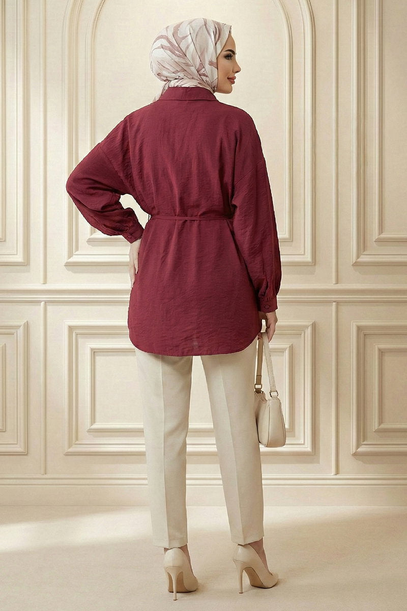 Woven Shirt with Stone Chain Detail - Burgundy