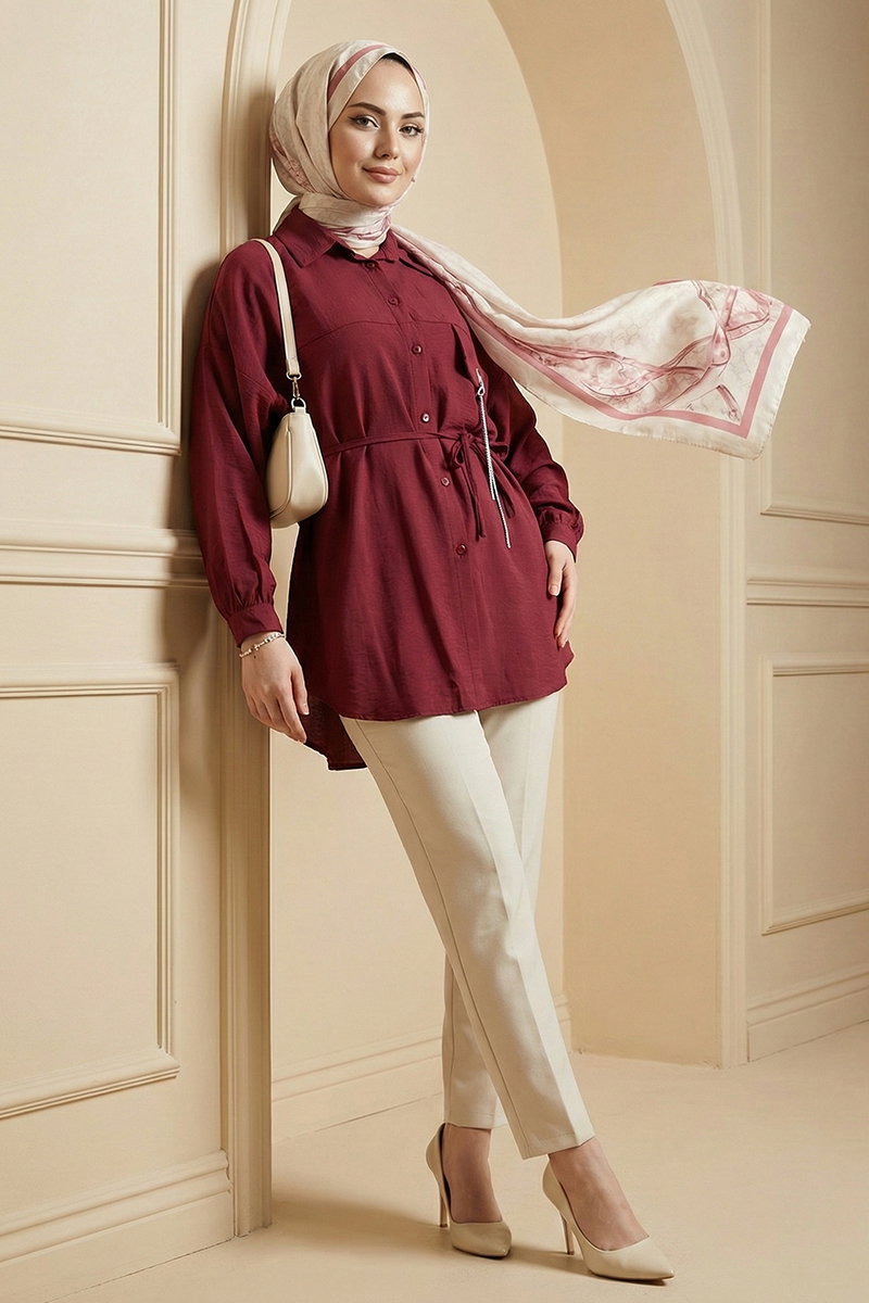 Woven Shirt with Stone Chain Detail - Burgundy