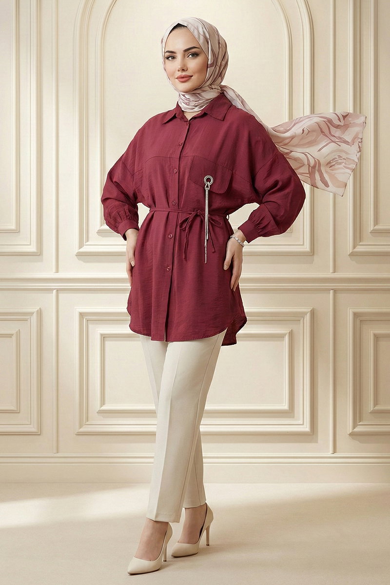 Woven Shirt with Stone Chain Detail - Burgundy