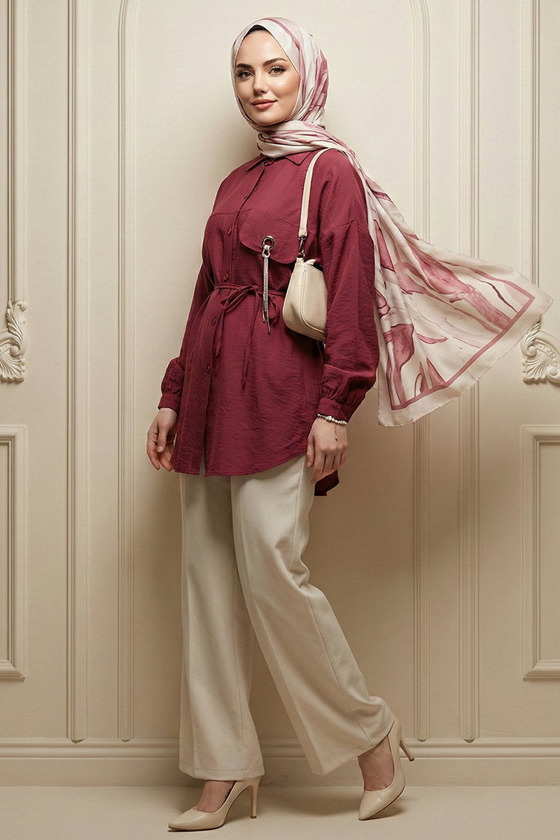 Woven Shirt with Stone Chain Detail - Burgundy