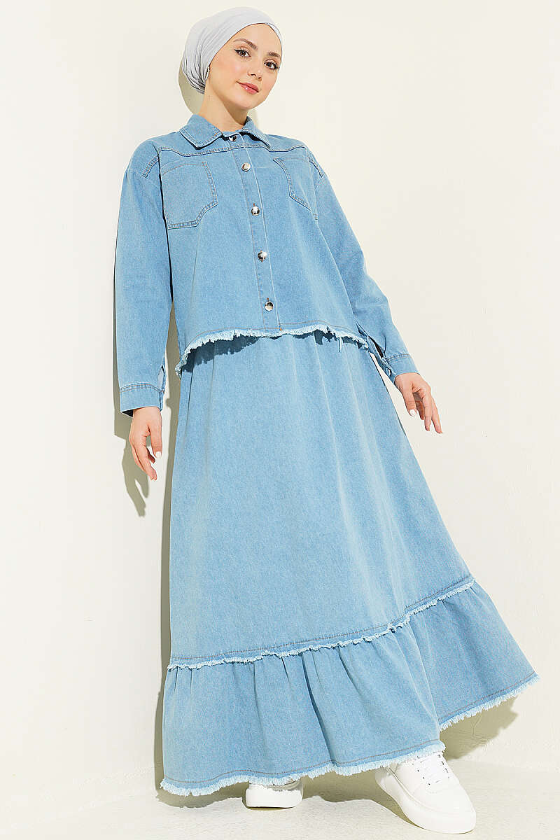 Denim Skirt Two-Piece Set with Tassels - Light Blue