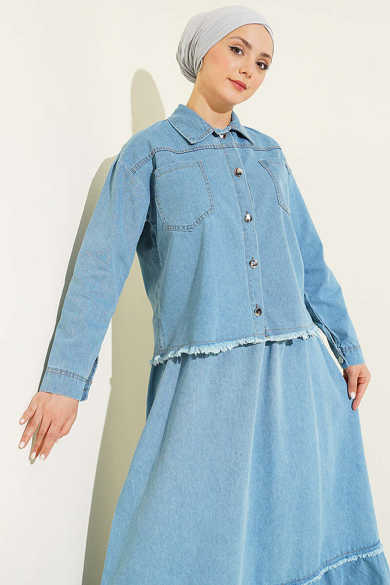 Denim Skirt Two-Piece Set with Tassels - Light Blue
