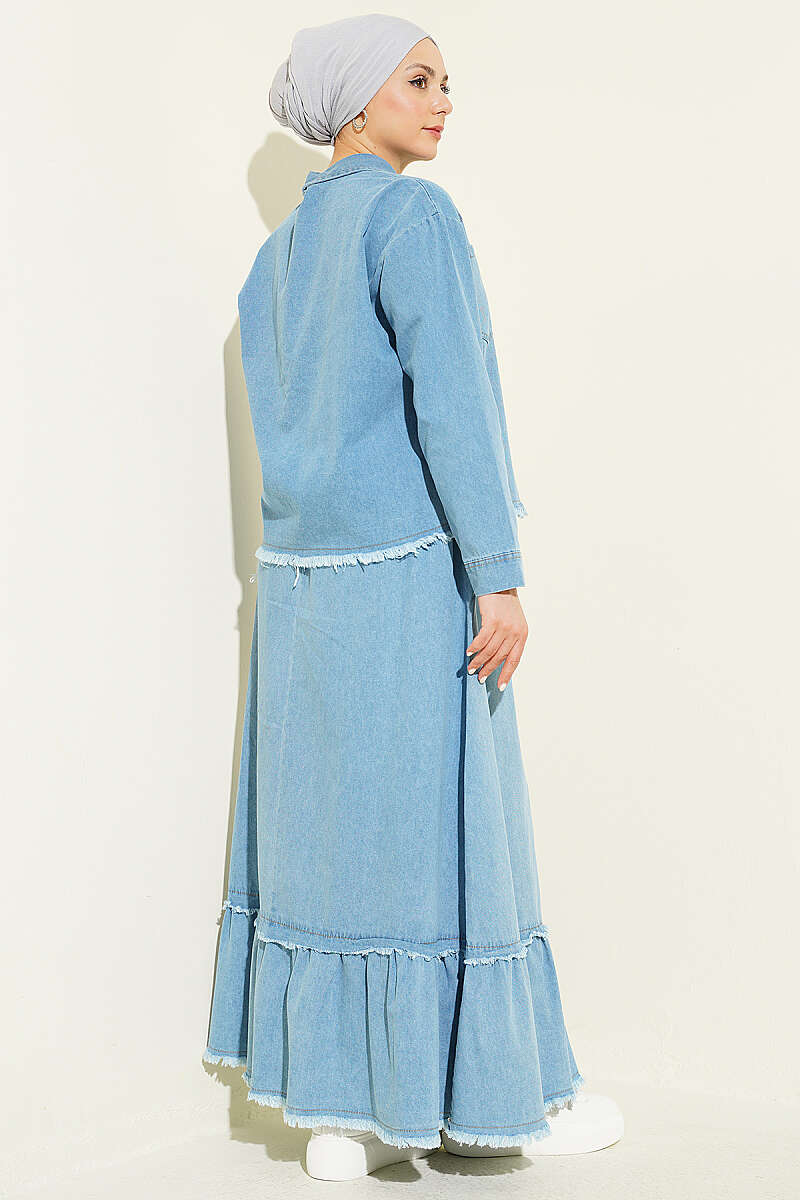 Denim Skirt Two-Piece Set with Tassels - Light Blue