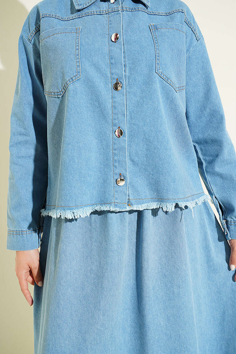 Denim Skirt Two-Piece Set with Tassels - Light Blue