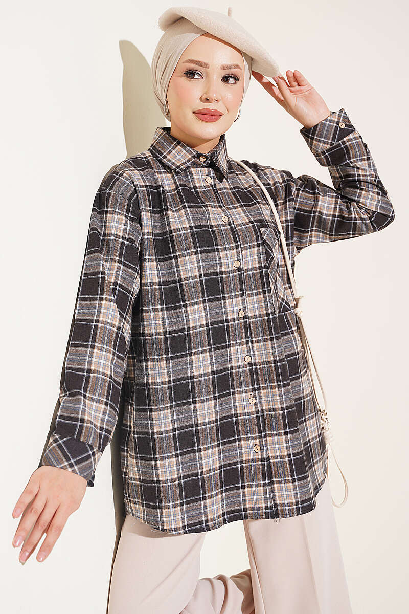 Plaid Shirt with Single Pocket Detail - Dark Brown