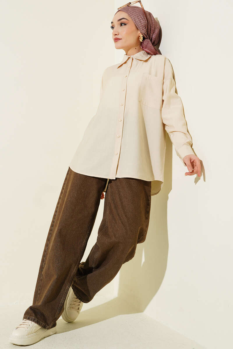 Drop-Shoulder Shirt with Single Pocket - Beige
