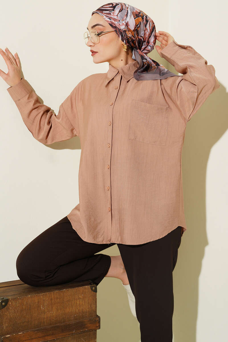 Drop-Shoulder Shirt with Single Pocket - Latte