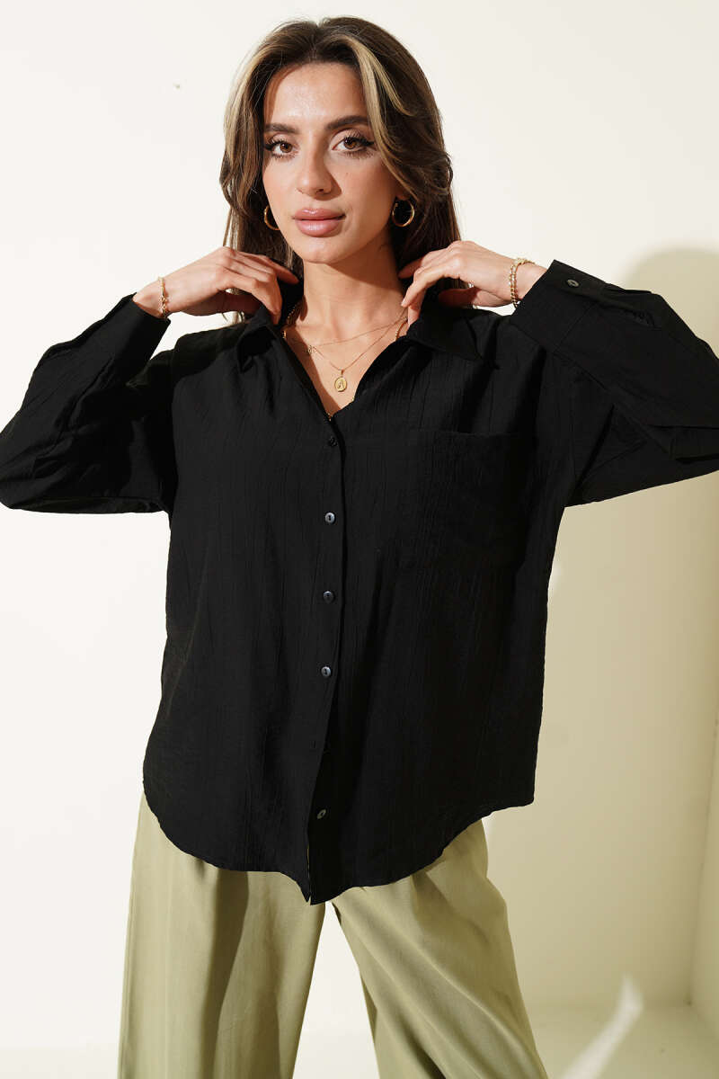 Drop-Shoulder Shirt with Single Pocket - Black