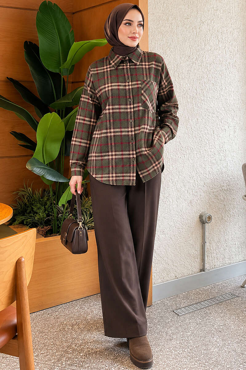 Plaid Shirt with Single Pocket - Khaki