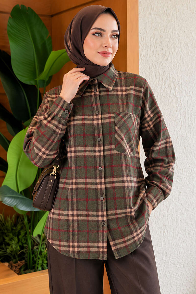 Plaid Shirt with Single Pocket - Khaki