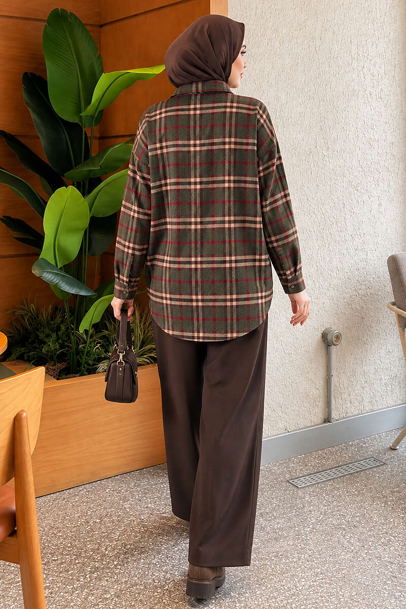 Plaid Shirt with Single Pocket - Khaki