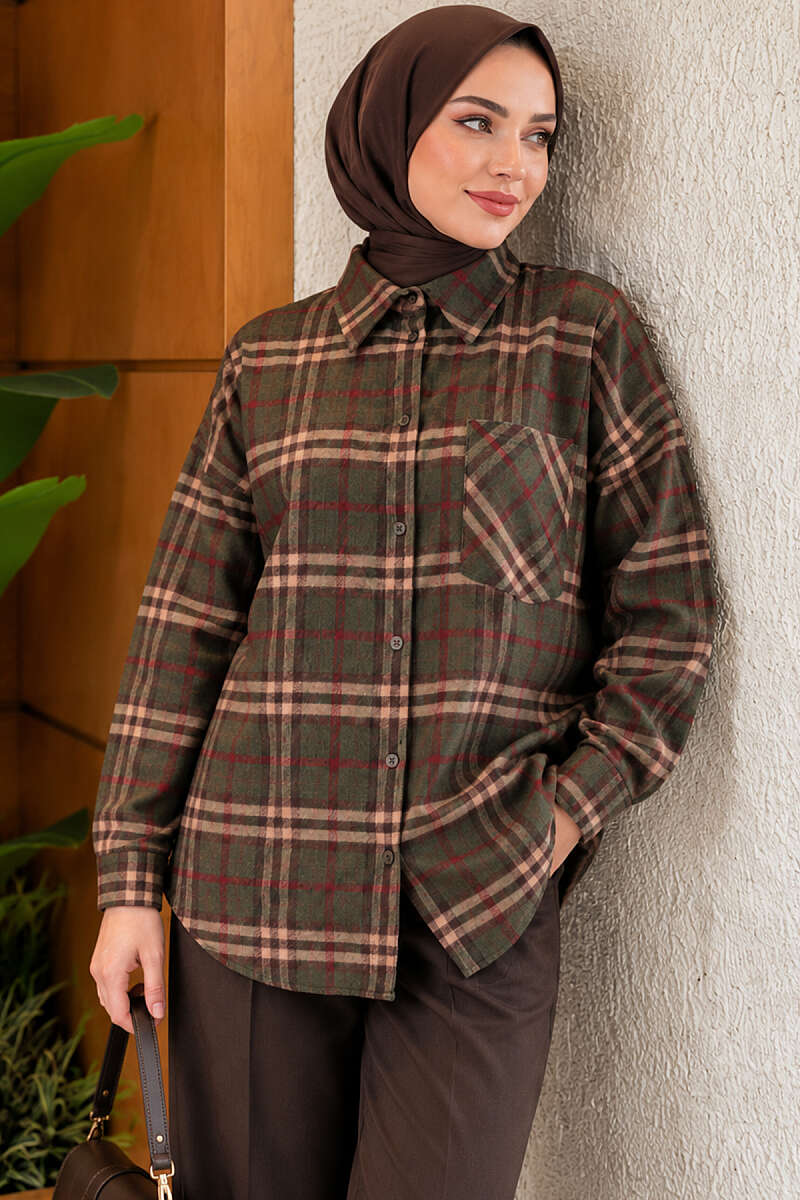 Plaid Shirt with Single Pocket - Khaki