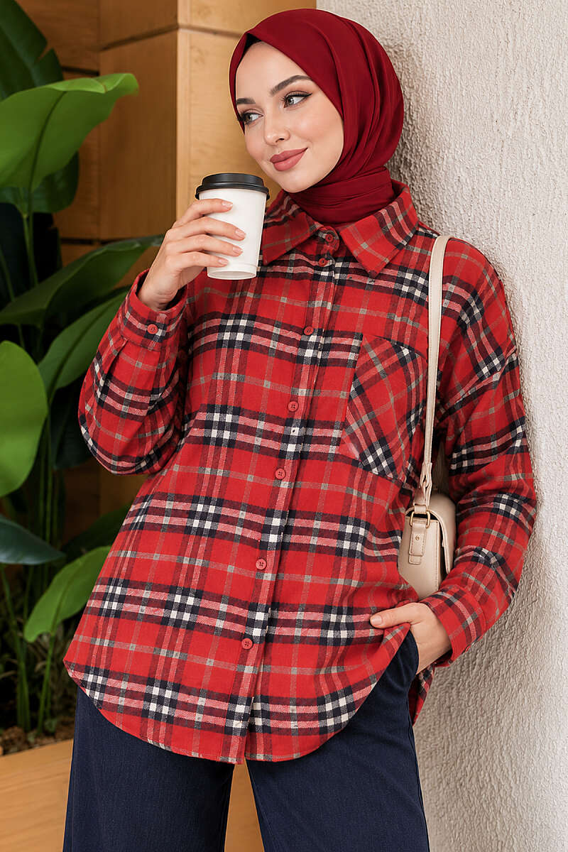 Plaid Shirt with Single Pocket - Red