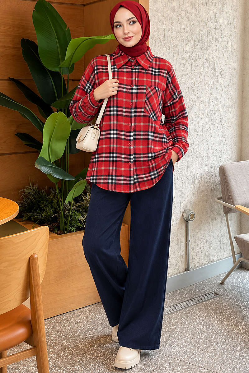Plaid Shirt with Single Pocket - Red