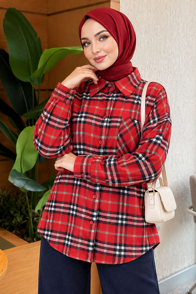 Plaid Shirt with Single Pocket - Red