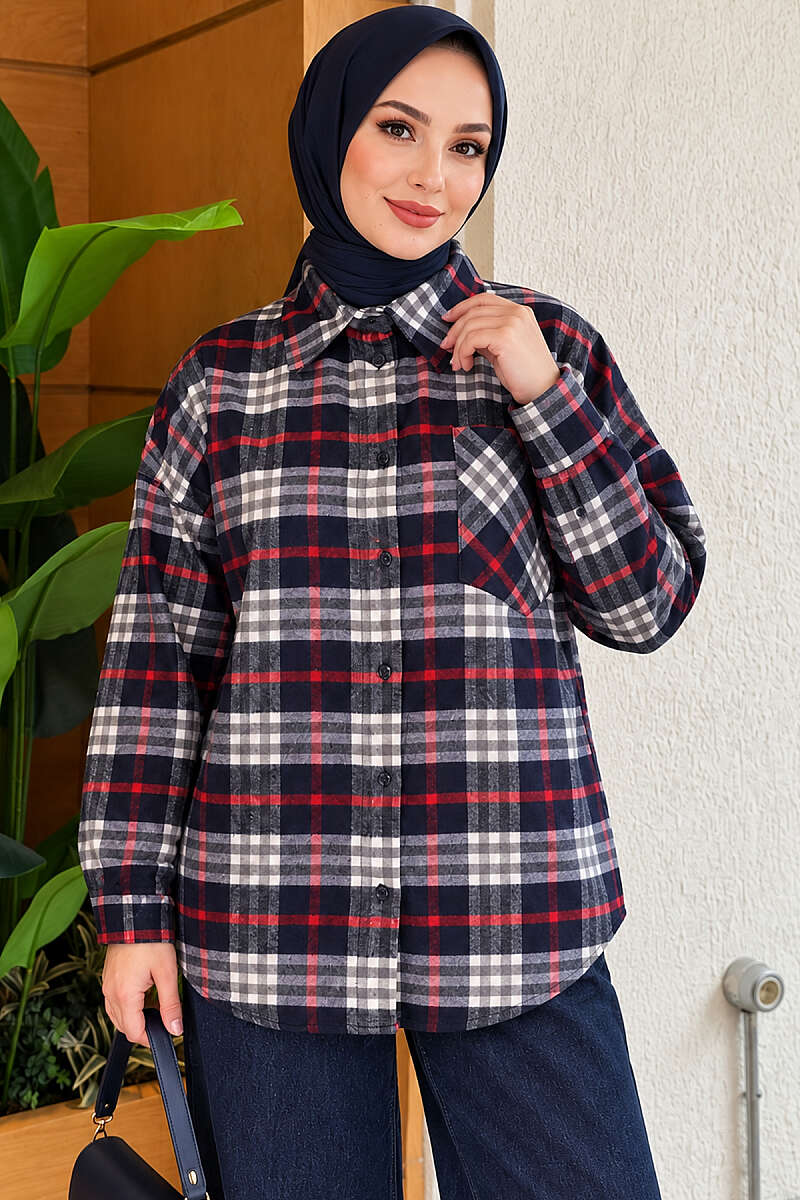 Plaid Shirt with Single Pocket - Navy