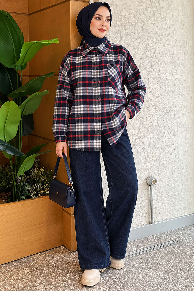 Plaid Shirt with Single Pocket - Navy