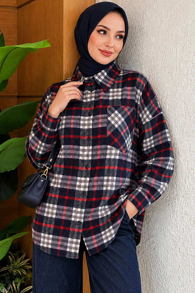 Plaid Shirt with Single Pocket - Navy