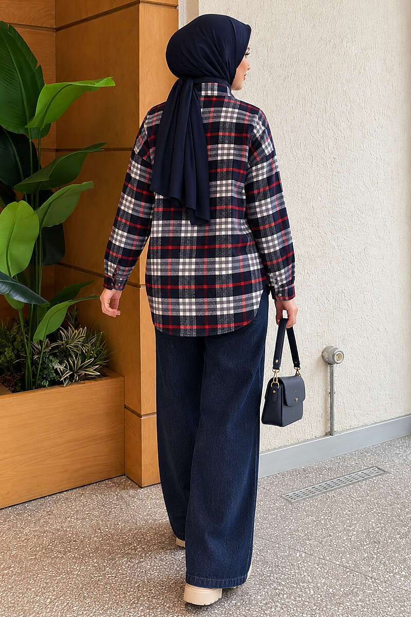 Plaid Shirt with Single Pocket - Navy