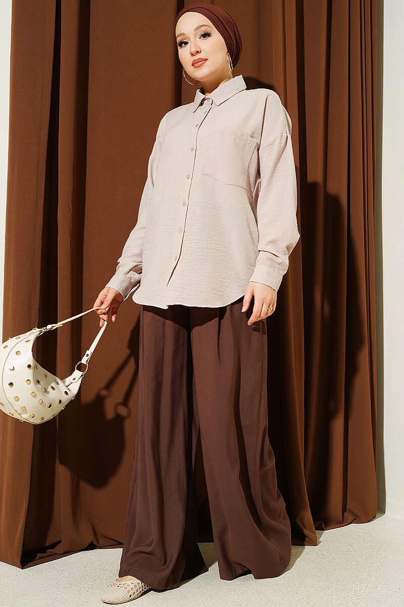 Linen Shirt with Single Pocket - Beige