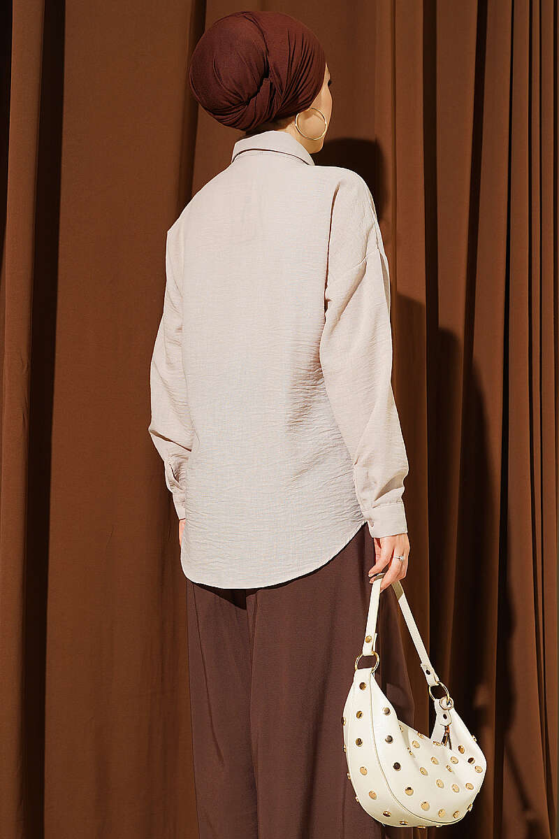Linen Shirt with Single Pocket - Beige
