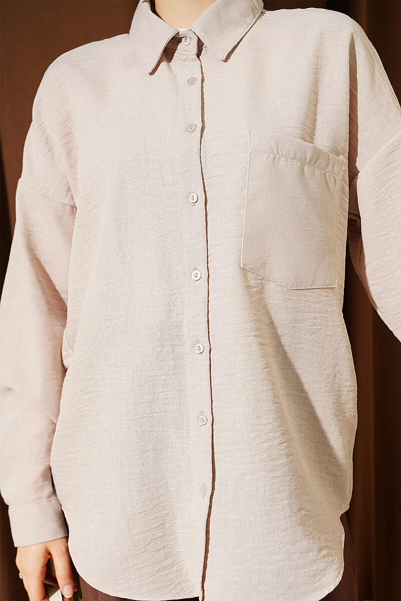 Linen Shirt with Single Pocket - Beige