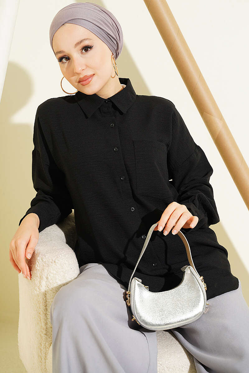 Linen Shirt with Single Pocket - Black