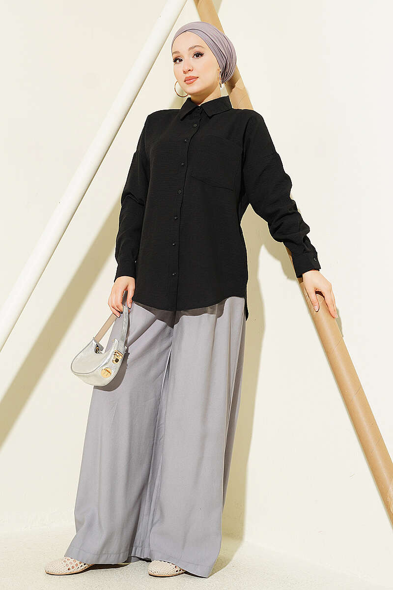 Linen Shirt with Single Pocket - Black