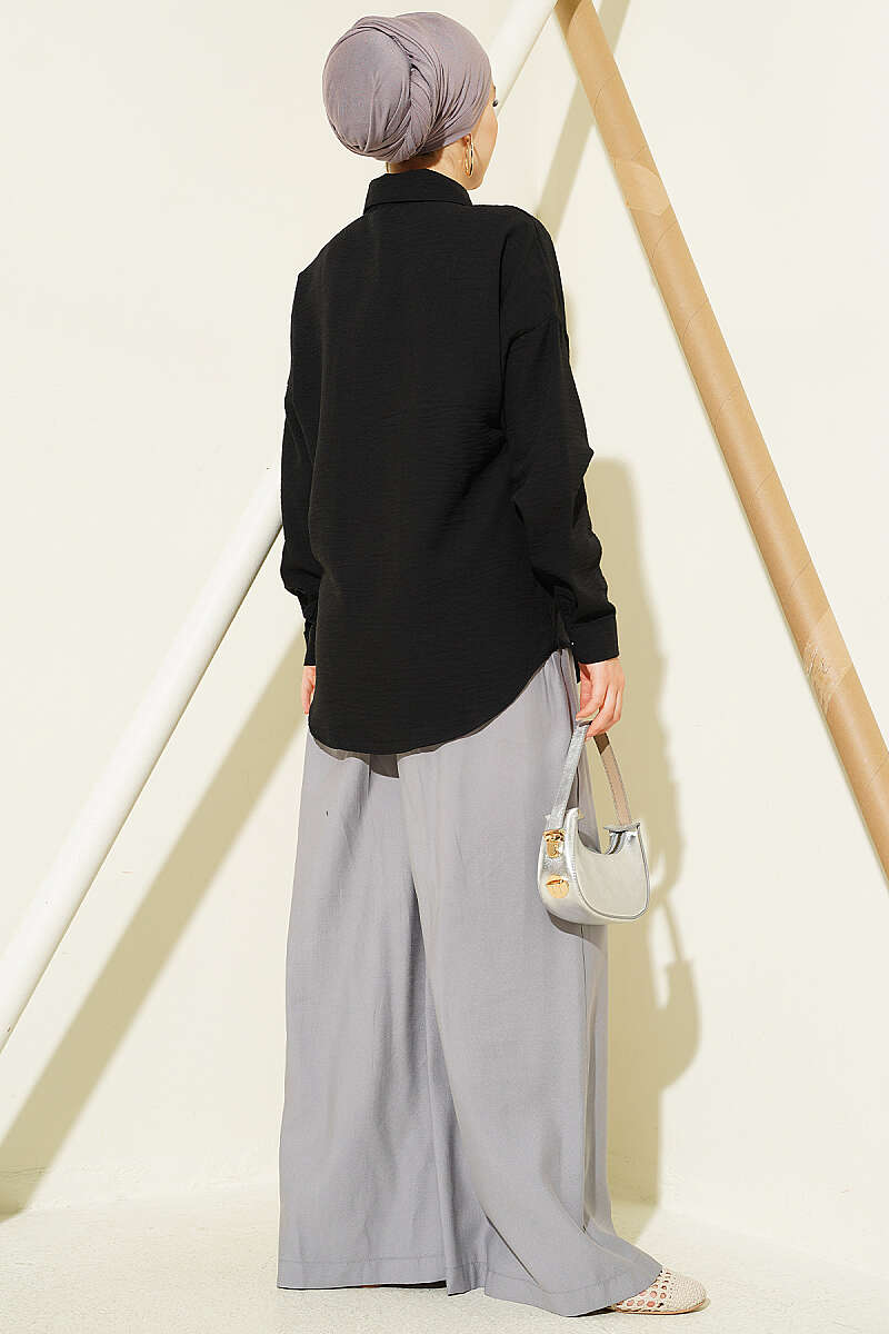 Linen Shirt with Single Pocket - Black
