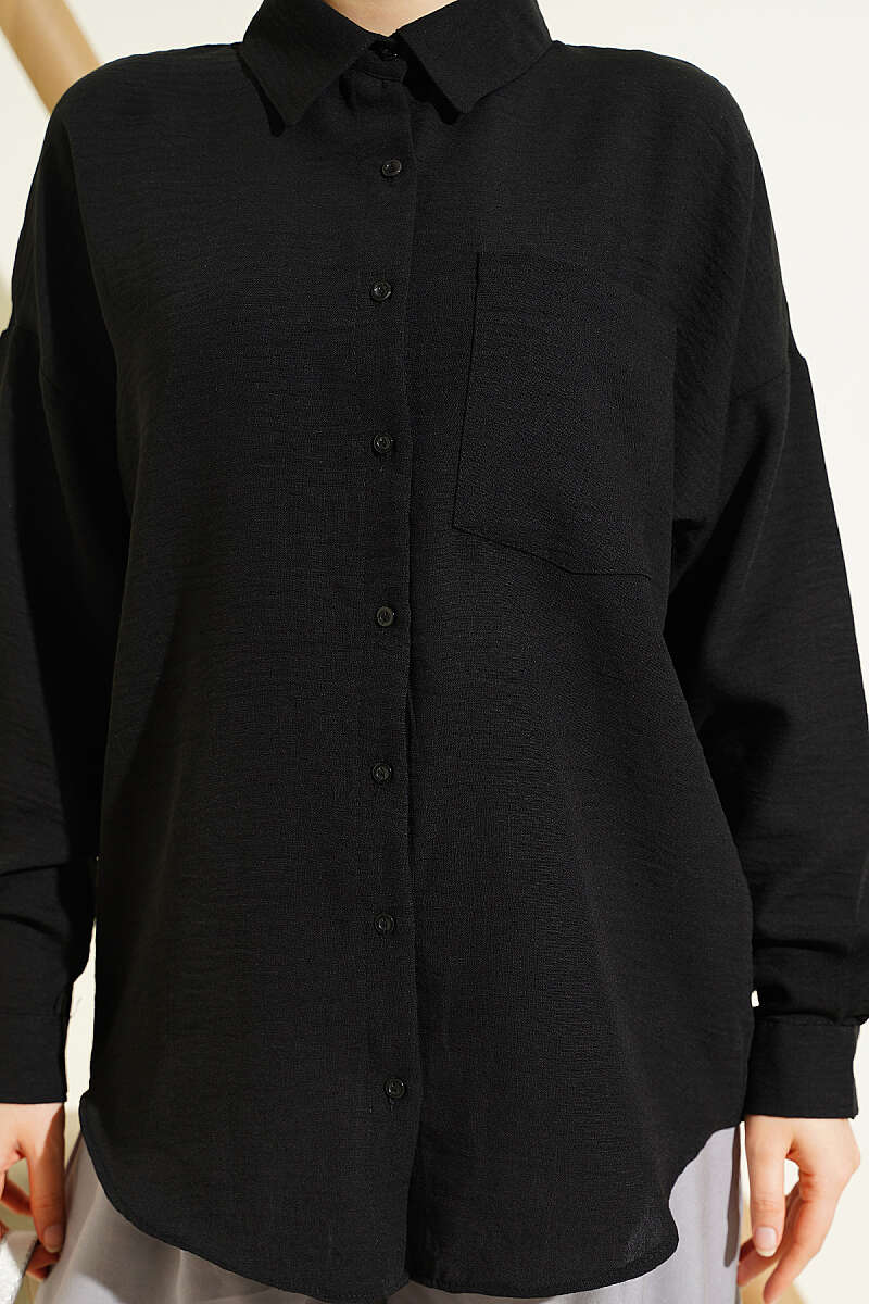 Linen Shirt with Single Pocket - Black