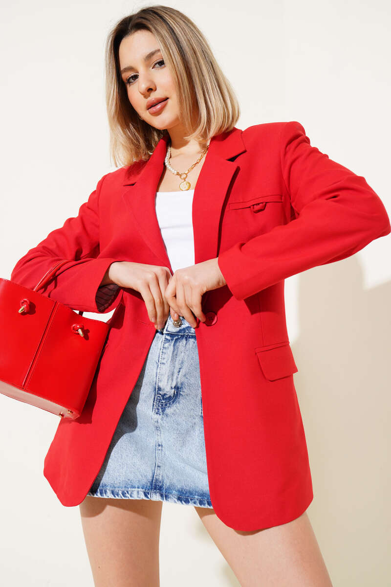 Lined Single-Button Blazer - Red