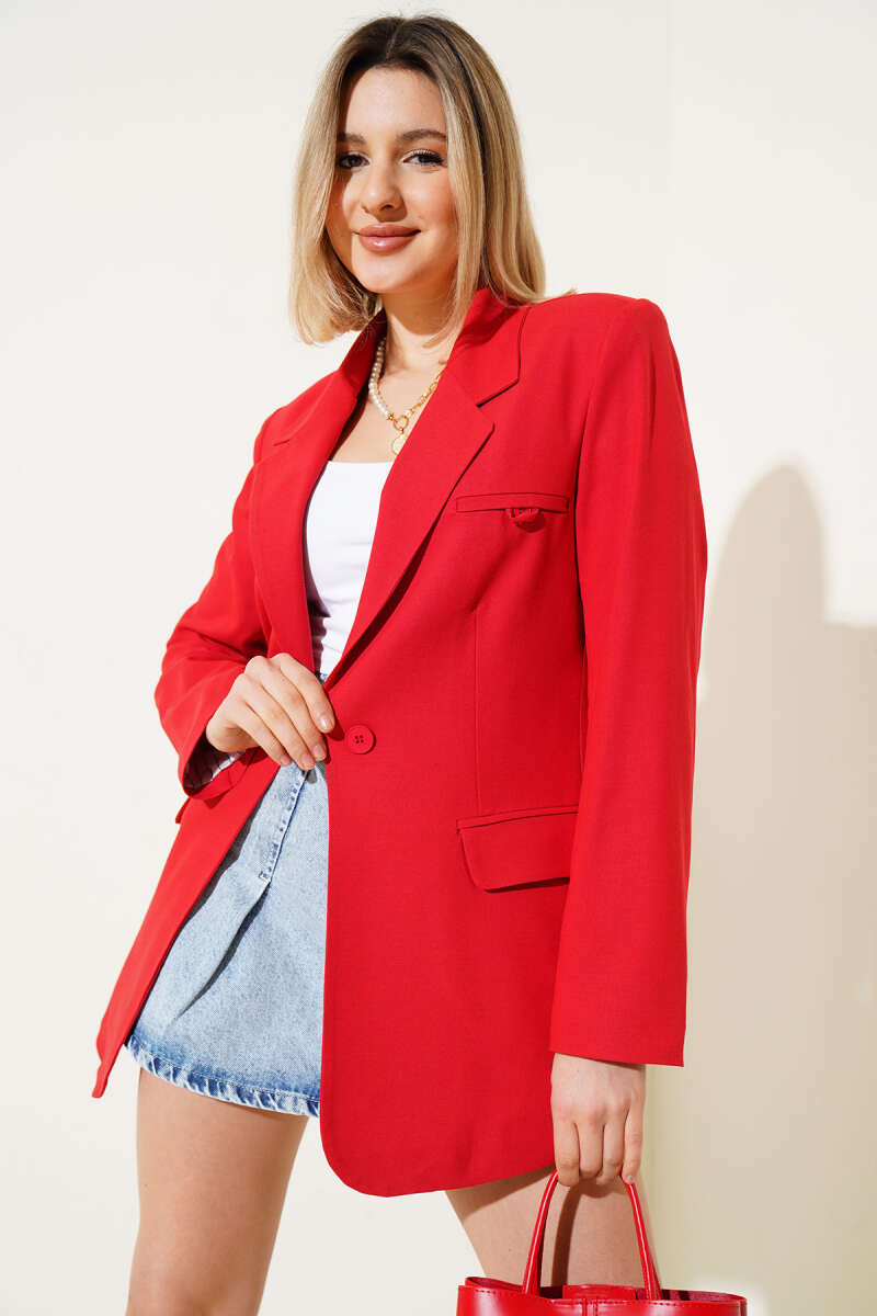 Lined Single-Button Blazer - Red