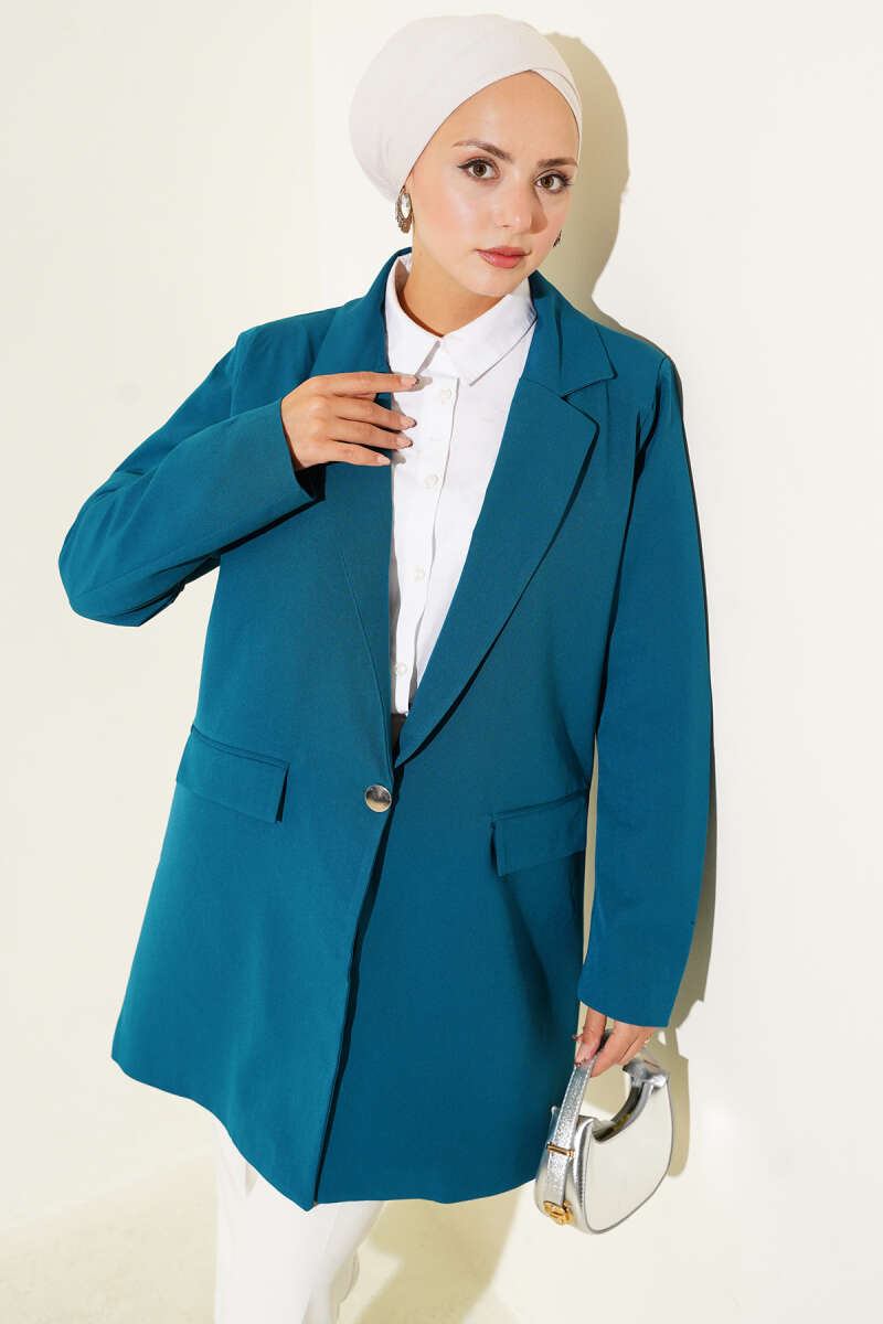 Single-Button Double-Knit Blazer - Teal
