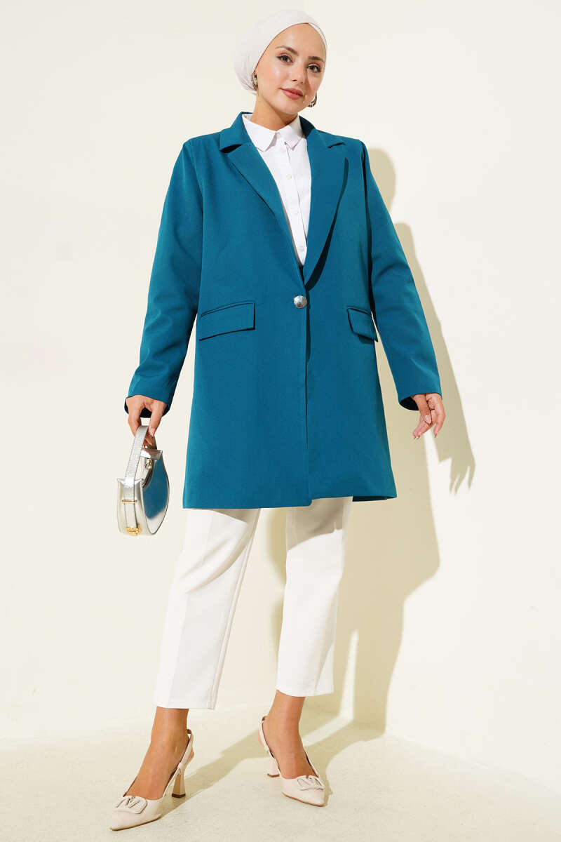 Single-Button Double-Knit Blazer - Teal