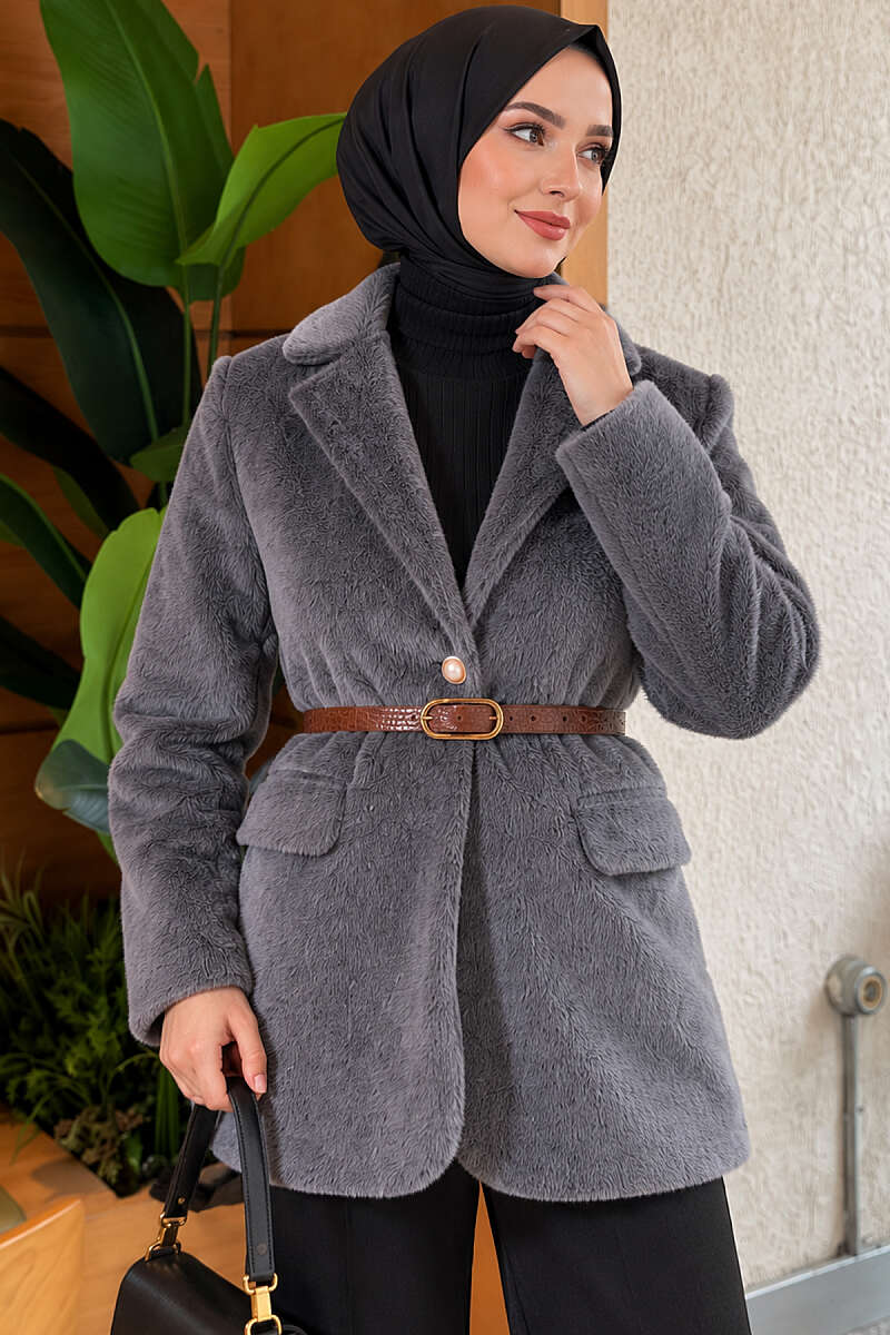 Belted Single-Button Brushed Jacket - Smoke Grey