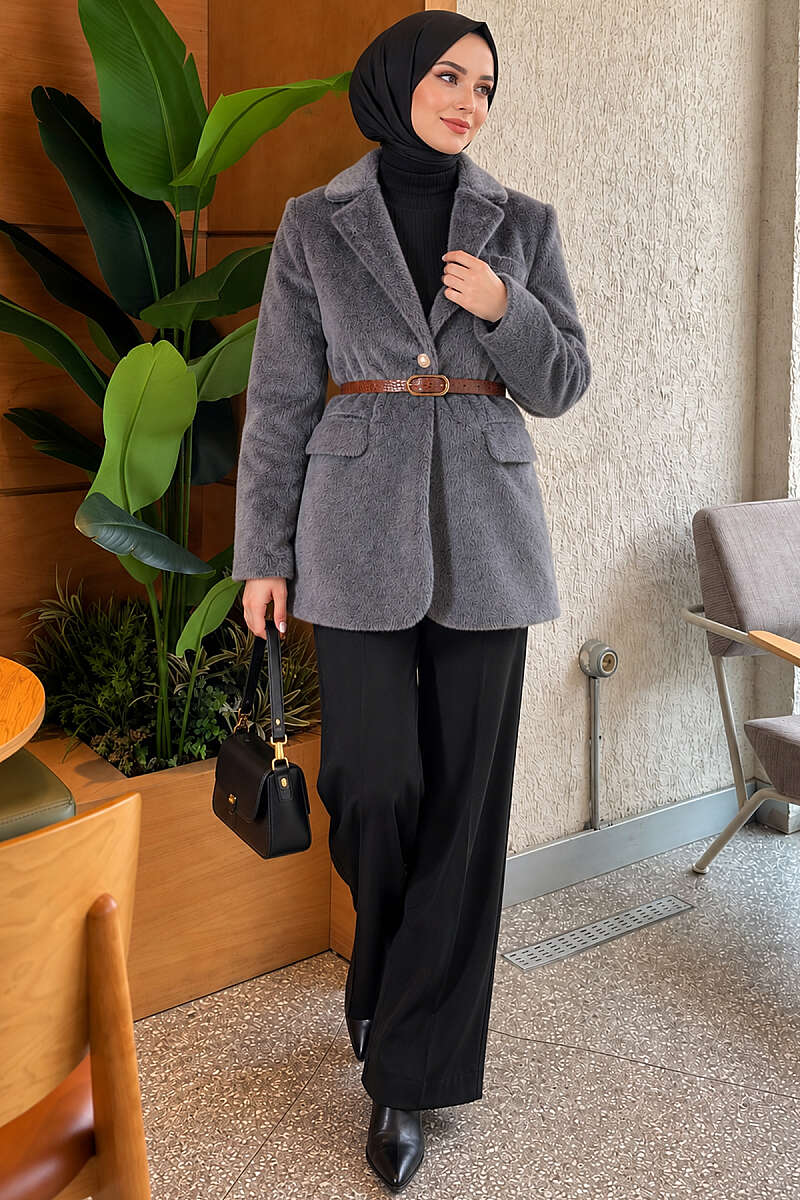 Belted Single-Button Brushed Jacket - Smoke Grey