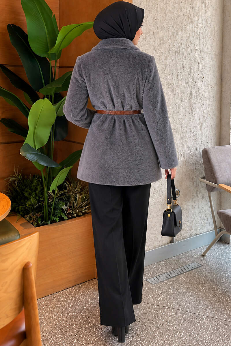 Belted Single-Button Brushed Jacket - Smoke Grey