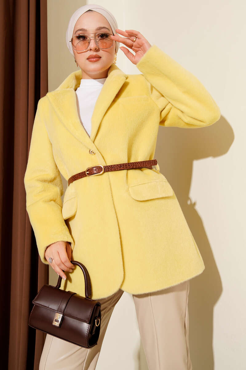 Belted Single-Button Brushed Jacket - Yellow