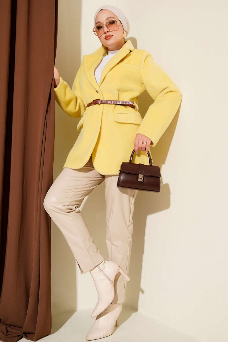 Belted Single-Button Brushed Jacket - Yellow