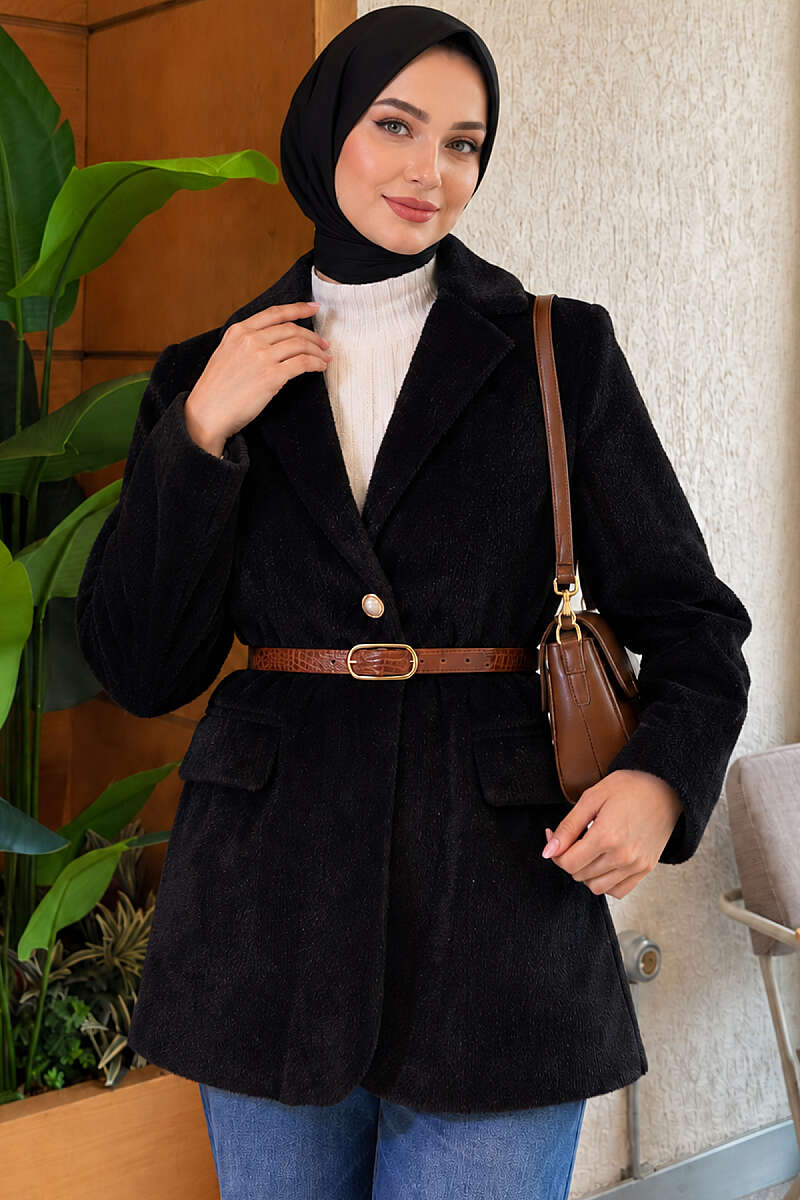 Belted Single-Button Brushed Jacket - Black
