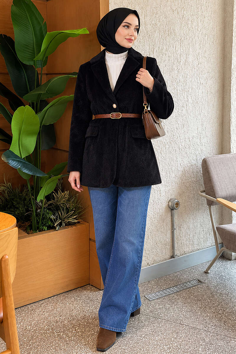 Belted Single-Button Brushed Jacket - Black
